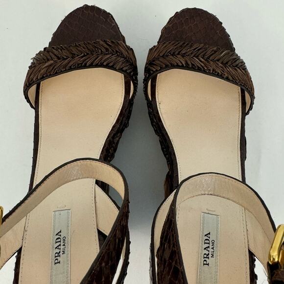 Prada Raffia Wicker Wedge Platform Sandals Dark Brown Open-Toe | IT 40 (US 10) - Picture 9 of 10
